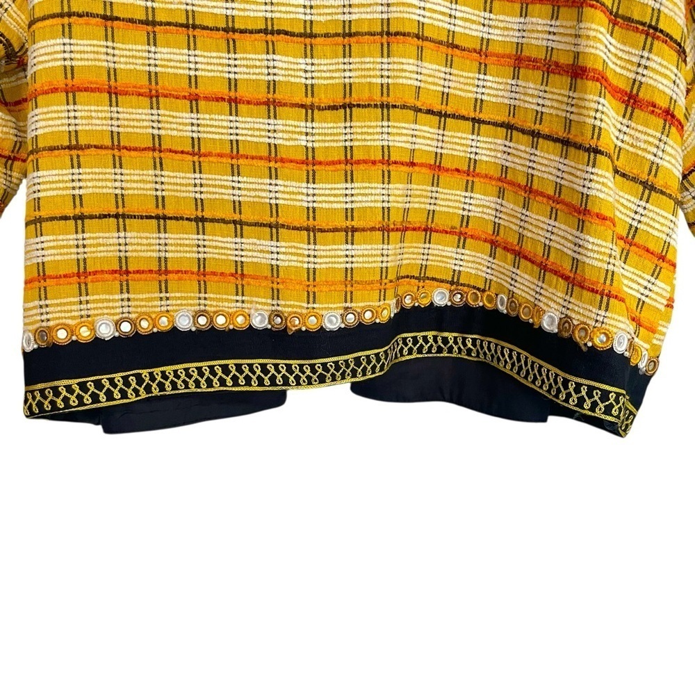Alex Kim Vtg. Embellished Plaid Open Front Jacket Yellow, Black, Beaded Missy L - Picture 6 of 13